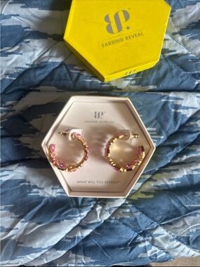 Bomb Party Gold Hoop Earrings with Pink Crystals